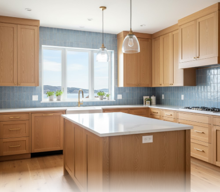 Coastal Vibes with Light Wood and Blue Accents