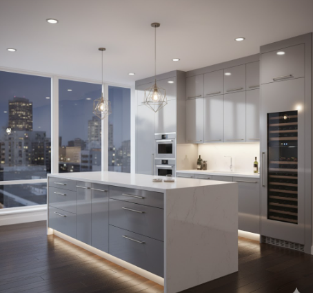 Glossy Grey Cabinets with Metallic Accents