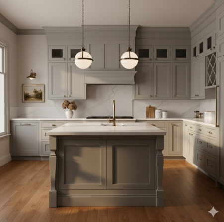 Grey Cabinets with Crown Molding