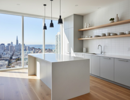 Grey Cabinets with Floating Open Shelves