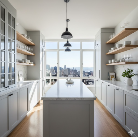 Grey Cabinets with Glass Front Doors