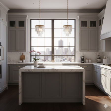 Grey Cabinets with Marble Countertops