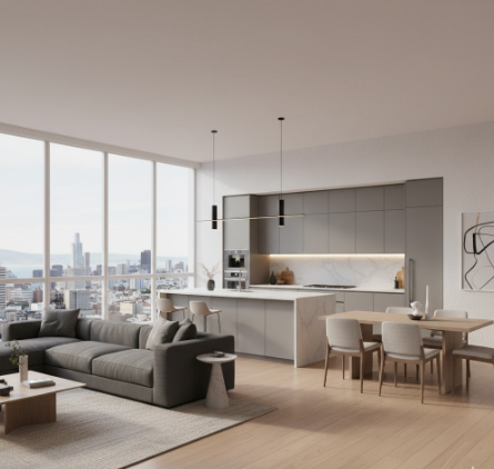 Open Concept Grey Kitchen Cabinets