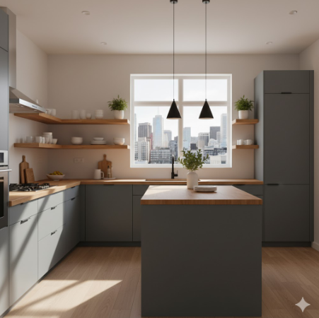 Slate Grey Cabinets with Wooden Accents