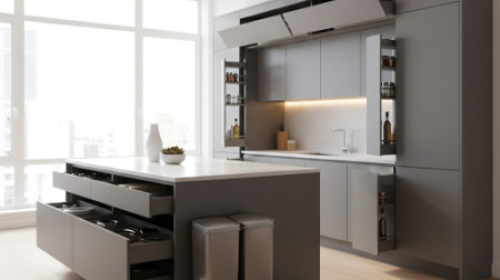 Grey Cabinets with Smart Storage Solutions